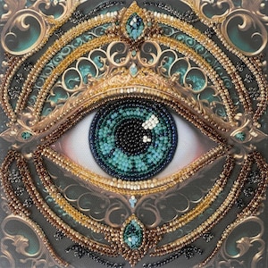May include: Detailed image of an eye with a teal iris, embellished with black, teal, and white beads. The eye is surrounded by elaborate gold and teal decorative elements, forming an artistic design. The artwork has a mystical theme.