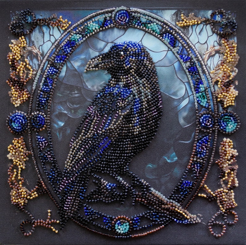 Raven Bead Embroidery Kit – DIY Beading Set for Beginners, Creative Bead Art Project, Handmade Flower Gift Kit