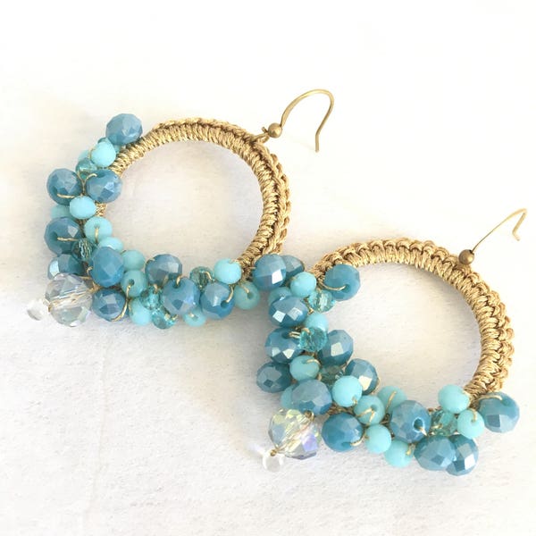 Earrings - Drops of color - Crochet earrings - Round earrings  - fiber earrings - Bridesmaids in light blue - Hoop Earrings