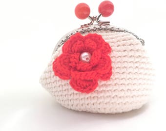 Coin Purse - Red Coral - Crochet Coin Purse - frame coin purse - organic cotton - women's accessories