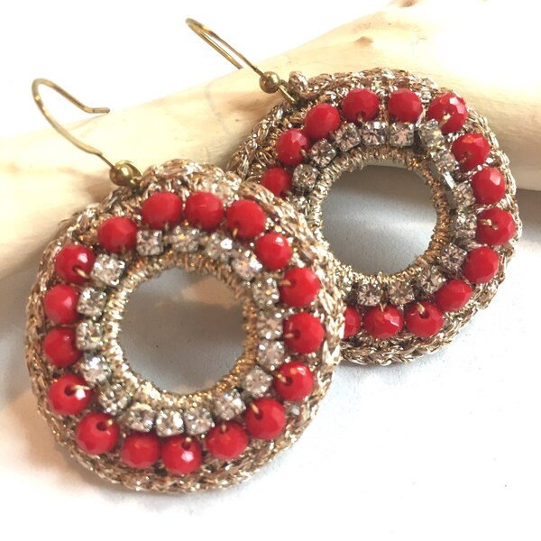 Earrings - Crochet earrings - elegant round earrings  - fiber earrings - red cherry  - crochet jewelry - red earrings - golden earrings