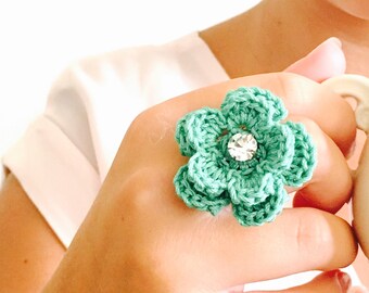 Ring - Crochet Ring - Green Mint flower crocheted ring - Delicate Flower Ring - Jewelry crocheted