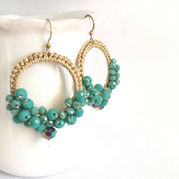 Earrings - Drops of color - Crochet earrings -  Crystals earrings  - fiber earrings - Hoop Earrings  - Bridesmaids in green