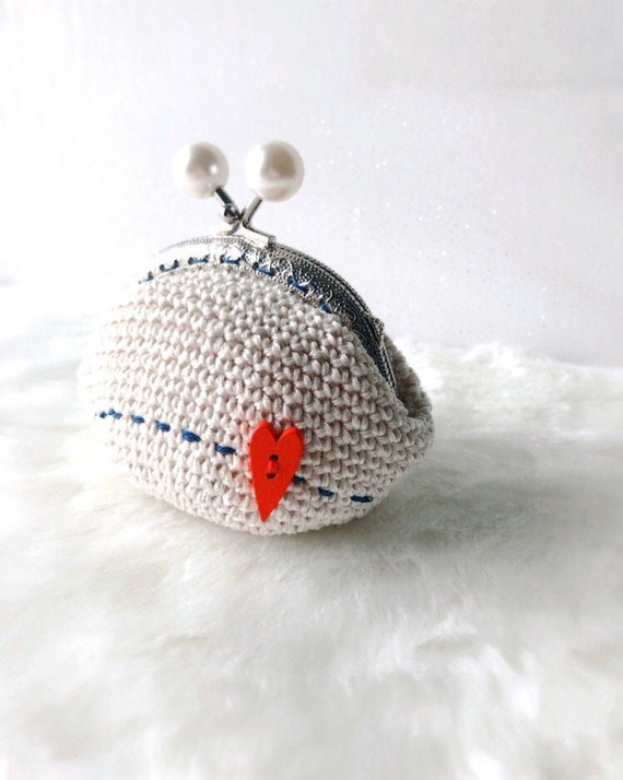 Coin Purse Red Heart Crochet Coin Purse Ivory Blu Red 