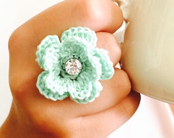 Ring - Crochet Ring - Teal flower crocheted ring - Delicate Flower Ring - Jewellry crocheted