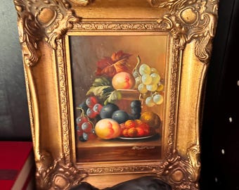 Vintage Still Life Oil Painting of Fruit | Ornate Gold Frame | Classic European Style Wall Art