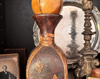 Vintage Leather Wrapped Decanter Bottle with Stopper | Rustic Old World Barware | Primitive Apothecary Vessel | Gothic Cottagecore Decor