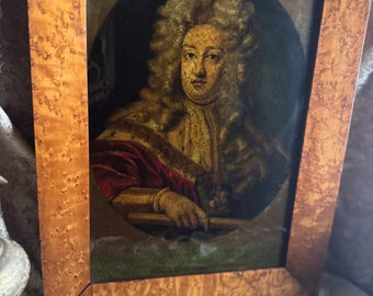Antique George Prince of Denmark Reverse Glass Portrait | Hand Painted Mezzotint Image | Birdseye Maple Frame | Queen Anne Era