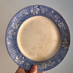 May include: A round ceramic plate featuring a cream-colored center with a visible network of fine cracks in the glaze. The wide rim is decorated with a blue and white floral pattern consisting of various blossoms and leaves arranged in a border.