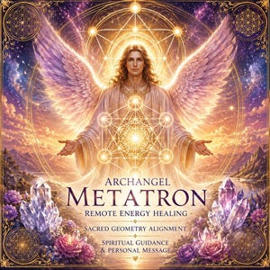 May include: A digital illustration of a winged figure with long hair, centered before a glowing geometric pattern. Text reads: ARCHANGEL METATRON, REMOTE ENERGY HEALING, SACRED GEOMETRY ALIGNMENT, SPIRITUAL GUIDANCE & PERSONAL MESSAGE. Purple flowers and crystals frame the base.