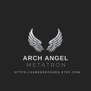 May include: A silver-colored pair of stylized angel wings above the words "ARCH ANGEL METATRON" in white text on a black background. The Etsy shop URL is displayed below the text.
