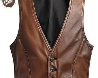 Handgjord brun läderväst | Ärmlös väst i vintagestil | Herrmodell i bikerstil