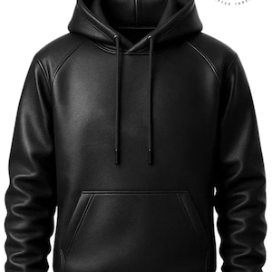 May include: Black leather hoodie with a kangaroo pocket and drawstring hood. The hoodie has ribbed cuffs and hem. The logo "JOB THREADS CRAFTED THREADS SINCE 2010" is visible in the upper right corner.