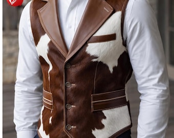 Men's Brown Leather Cowhide Vest, Biker Cowboy Renaissance Waistcoat