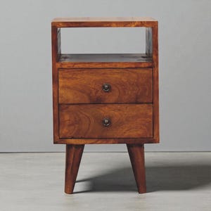 Mid Century Nightstand With Open Shelf And 2 Drawers