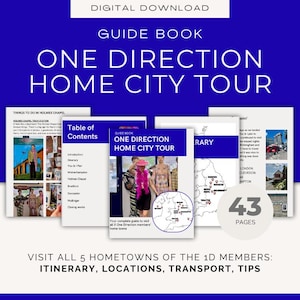 Może przedstawiać: Cyfrowy przewodnik zatytułowany "ONE DIRECTION HOME CITY TOUR" na niebieskim tle. Przewodnik zawiera spis treści, plan podróży i wskazówki dotyczące zwiedzania rodzinnych miast członków zespołu. Przewodnik ma 43 strony.
