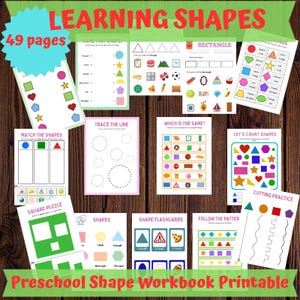 Könnte beinhalten: Eine Sammlung druckbarer Vorschul-Arbeitshefte mit Übungen zum Thema Formen. Die Seiten zeigen verschiedene Übungen, darunter Zuordnen, Nachzeichnen und Zählen von Formen. Der Titel "LEARNING SHAPES" ist oben zu sehen, mit "49 pages" und "Preschool Shape Workbook Printable".
