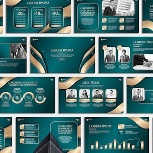 Puede incluir: Una colección de diapositivas de presentación en verde azulado y dorado. Cada diapositiva presenta un fondo verde azulado con acentos de onda dorada y texto. Algunas diapositivas incluyen imágenes de personas, gráficos e iconos. El texto "LOREM IPSUM" es visible.