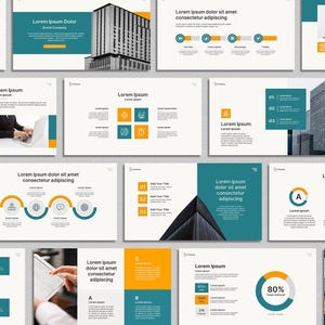 May include: A collection of presentation slides with a teal, orange, and white color scheme. The slides feature text, charts, and architectural images. Some slides include the text "Lorem Ipsum" and "Lorem Ipsum Dolor".