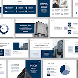 Könnte beinhalten: Eine Sammlung digitaler Präsentationsfolien mit modernem Design. Die Folien haben ein dunkelblaues und weißes Farbschema mit Text und Grafiken. Die Folien enthalten Diagramme, Grafiken und Bilder von Gebäuden. Der Text enthält "Lorem Ipsum" und anderen Platzhaltertext.