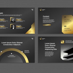 May include: Four dark grey presentation slides with gold detailing. The slides contain text, images, and design elements, including the phrases "Our Team", "Content", and "Lorem Ipsum".