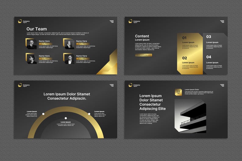 May include: Four dark grey presentation slides with gold detailing. The slides contain text, images, and design elements, including the phrases "Our Team", "Content", and "Lorem Ipsum".