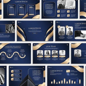 Puede incluir: Una colección de diapositivas de presentación en azul marino y dorado. Cada diapositiva presenta un fondo azul oscuro con detalles de ondas doradas y texto. Algunas diapositivas incluyen imágenes de personas y gráficos.