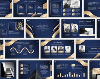 Luxury PowerPoint Template, PPT Blue and Gold, Modern Business Presentation, Marketing Strategy Slides, Pitch Deck Templates