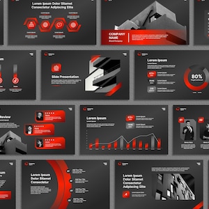 Puede incluir: Una colección de diapositivas de presentación de color gris oscuro con detalles en rojo y blanco. Las diapositivas presentan gráficos, tablas y cuadros de texto con títulos como "Nuestro equipo" y "Lorem Ipsum". El diseño es moderno y profesional.