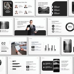 Puede incluir: Un conjunto de diapositivas de presentación de negocios en un diseño minimalista en blanco y negro. Las diapositivas presentan gráficos, imágenes y texto como "Lorem Ipsum" y "80% Objetivo logrado". Un hombre con traje sostiene una taza.