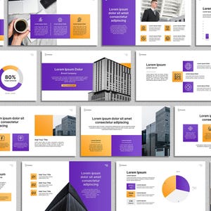 May include: A series of presentation slides with a modern design. The slides use a purple and orange colour scheme, with text and graphics. The slides include charts, graphs, and images of buildings and people.