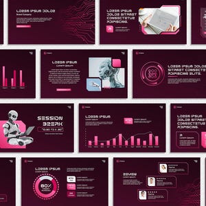 May include: A series of digital presentation slides with a dark magenta background. The slides feature charts, graphs, and text boxes with the words "LOREM IPSUM" and "SESSION BREAK". Images of a robot, people, and a laptop are also included.
