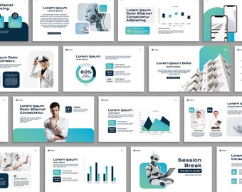Blau Grün Power Point Vorlage, Geschäftspräsentation, Marketingstragie, moderne minimalistische Folie