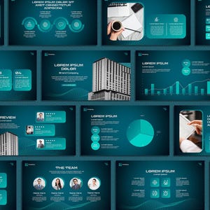 Könnte beinhalten: Eine Sammlung von Präsentationsfolien in Türkis und Dunkelblau mit Text und Grafiken. Die Folien zeigen Diagramme, Grafiken und Bilder von Gebäuden. Der Text enthält "Lorem Ipsum" und andere Überschriften.
