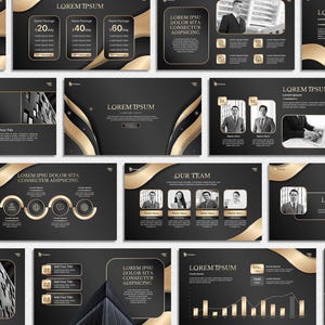 Puede incluir: Un conjunto de diapositivas de presentación en negro y dorado con texto y gráficos. Las diapositivas presentan las palabras "Lorem Ipsum" e incluyen gráficos, tablas e imágenes de personas. El diseño es moderno y profesional.