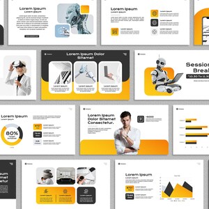 Puede incluir: Una colección de diapositivas de presentación digital con un diseño moderno. Las diapositivas presentan una combinación de colores negro, blanco y amarillo, con texto y gráficos relacionados con la tecnología y los negocios. Algunas diapositivas incluyen gráficos e imágenes de personas y robots.