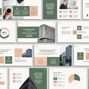 Pode incluir: Uma coleção de slides de apresentação com um design moderno. Os slides apresentam uma paleta de cores de branco, verde e pêssego. O texto inclui "Lorem Ipsum" e outro texto de espaço reservado. Imagens de edifícios e gráficos também estão incluídas.