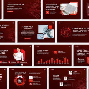 May include: A series of red and white presentation slides with various data visualizations, charts, and text. The slides feature a modern, tech-focused design, including graphs, charts, and images of people and technology. The text includes "LOREM IPSUM" and other placeholder text.