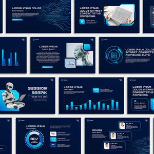 May include: A collection of digital presentation slides with a dark blue background and futuristic design elements. The slides feature charts, graphs, and text, with a focus on data visualization and technology. Some slides include images of people and a robot.