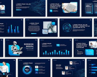 Blue Technology PowerPoint Template, PPT Futuristic, Modern Business Persentation, Canva Pitch Deck