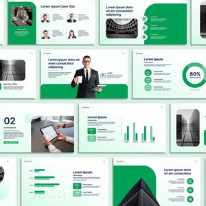May include: A collection of presentation slides with a modern design. The slides feature a white and green color scheme, with text and graphics. Some slides include charts, graphs, and images of buildings and people. The text includes "Lorem Ipsum" and other placeholder text.