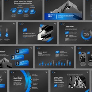 Puede incluir: Una colección de diapositivas de presentación de color gris oscuro con detalles en azul y blanco. Las diapositivas presentan texto, gráficos e imágenes, incluido un edificio y un teléfono. Las diapositivas están diseñadas para uso empresarial o corporativo.