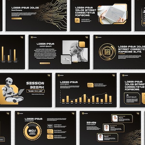 May include: A collection of black and gold presentation slides with various layouts. Some slides feature charts, graphs, and text, while others include images of a robot, a person, and a laptop. The slides have a modern, tech-focused design.