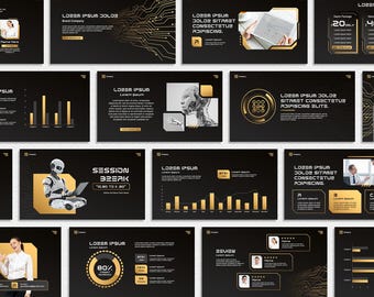 Gold Technologie Power Point Vorlage, PPT Futuristisch, Moderne Business Persentation, Canva Mesh Deck