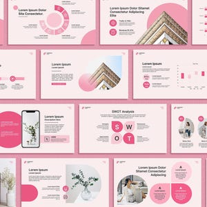 Può includere: Una raccolta di diapositive di presentazione rosa e bianche con grafici, diagrammi e testo. Le diapositive presentano elementi di design circolari e rettangolari, con il testo "Lorem Ipsum". È visibile anche uno smartphone con una pianta.