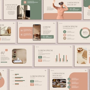 Puede incluir: Una colección de diapositivas de presentación con una paleta de colores neutros de beige, melocotón y verde. Las diapositivas presentan texto, gráficos e imágenes, incluida una persona con gafas de realidad virtual y un teléfono inteligente.