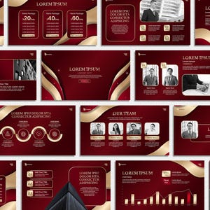 Puede incluir: Una colección de diapositivas de presentación granate y doradas con el texto "LOREM IPSUM" y otro texto. Las diapositivas presentan gráficos, tablas e imágenes de personas. Las diapositivas están diseñadas para presentaciones comerciales o de marketing.