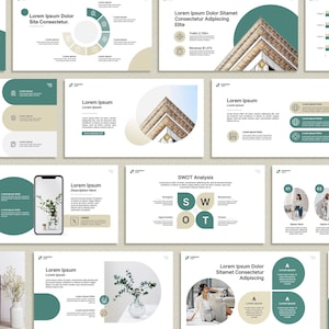 May include: A collection of presentation slides with a minimalist design. The slides feature a teal and beige color scheme, with various charts, graphs, and text placeholders. Some slides include images of a desk setup, a smartphone, and architectural elements.