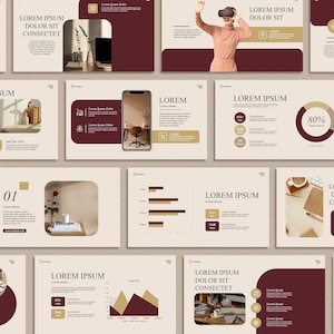 Puede incluir: Un conjunto de diapositivas de presentación con una paleta de colores neutros en beige, burdeos y dorado. Las diapositivas presentan texto, gráficos e imágenes, incluida una persona con gafas de realidad virtual. El texto incluye "Lorem Ipsum".