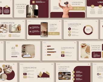 Red Burgundy Powerpoint Template, Presentation Canva Slide, Business Strategy, Beige Pitch Deck